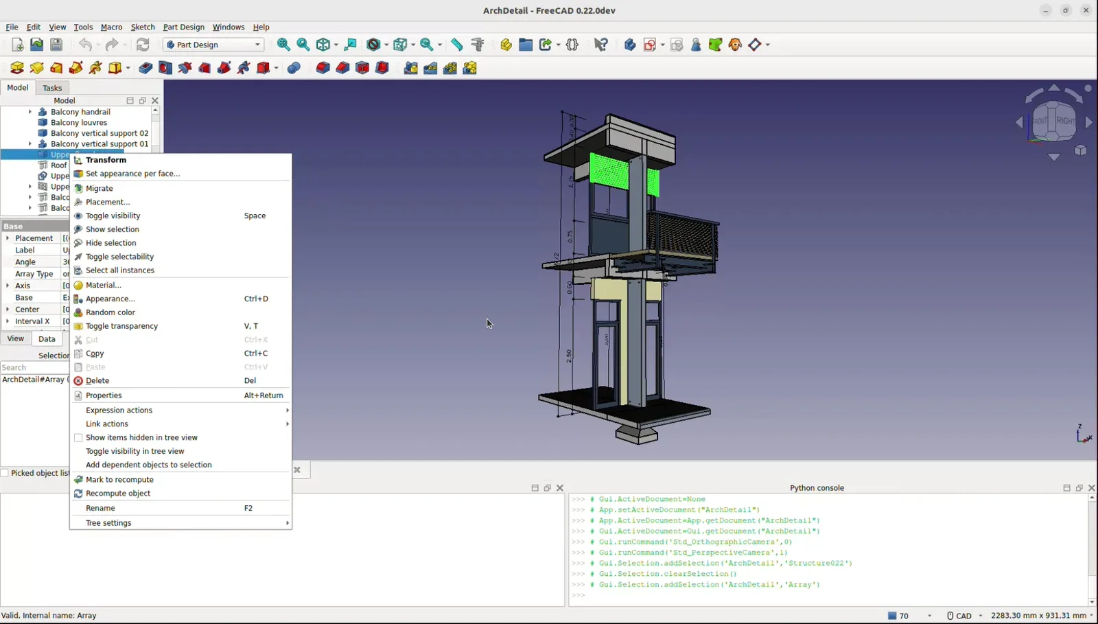 FreeCAD main Windows window with 3D view, model tree, and workbench selector visible.